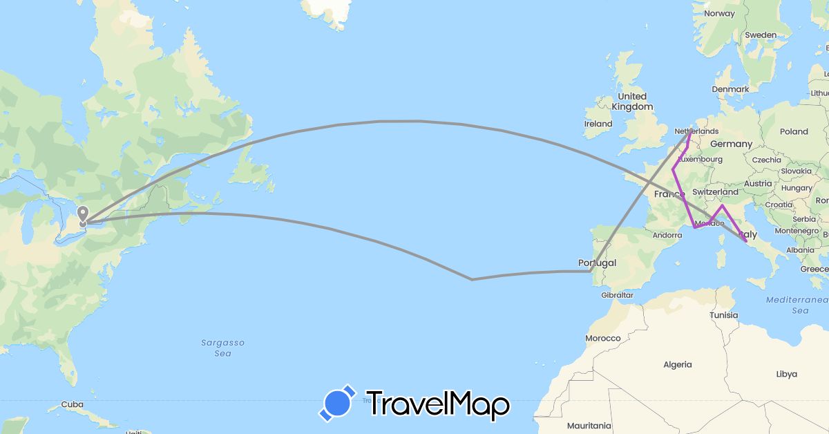 TravelMap itinerary: plane, train in Belgium, Canada, France, Italy, Monaco, Netherlands, Portugal (Europe, North America)